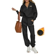 SHEWIN Sweatsuits for Women 2 Piece Outfits Fleece Lined Jogging Suit Sweatsuit Tracksuit Jogger Sets 1/4 Zipper Collar Pullover Tops and Sweatpants with Pockets