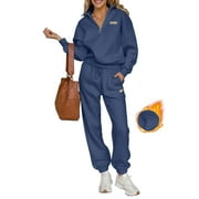 SHEWIN Sweatsuits for Women 2 Piece Outfits Fleece Lined Jogging Suit Sweatsuit Tracksuit Jogger Sets 1/4 Zipper Collar Pullover Tops and Sweatpants with Pockets