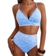 thumbnail image 1 of SHEWIN Swimsuit Women Embroidered Floral Textured Bikini Sets 2 Piece High Waisted Bathing Suits Lace Up Back Scalloped V Neck Swimwear, 1 of 9