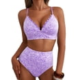 thumbnail image 1 of SHEWIN Swimsuit Women Embroidered Floral Textured Bikini Sets 2 Piece High Waisted Bathing Suits Lace Up Back Scalloped V Neck Swimwear, 1 of 8
