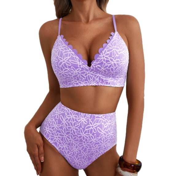 SHEWIN Swimsuit Women Embroidered Floral Textured Bikini Sets 2 Piece High Waisted Bathing Suits Lace Up Back Scalloped V Neck Swimwear