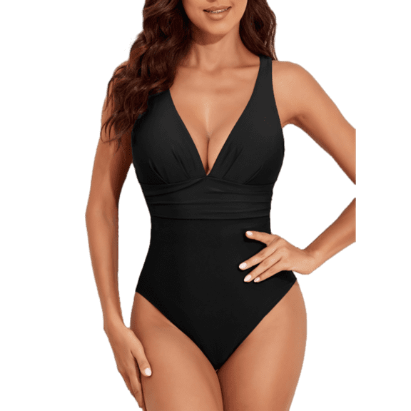 SHEWIN Swimsuit Women One Piece Tummy Control Deep V Neck Bathing Suits for Women Cross Back Slimming Racerback Swimwear Black S-XXL