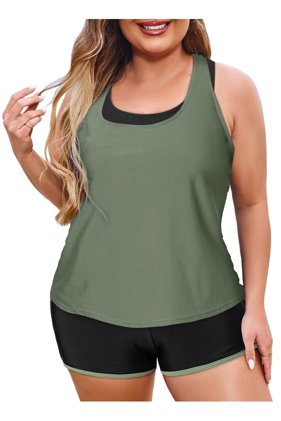 Tankini Bathing Suits for Women 3 Piece Swim Suits Summer Tankinis with Shorts Swimsuits Plus Size Swimsuit Green XL