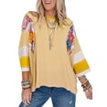 thumbnail image 1 of SHEWIN Tops for Women Boho Shirts Floral Print Striped Blouse Color Block Oversized Spring Summer 3/4 Length Sleeve Patchwork Tunic Tops Yellow, 1 of 8