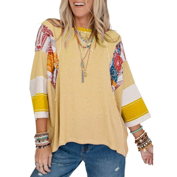SHEWIN Tops for Women Boho Shirts Floral Print Striped Blouse Color Block Oversized Spring Summer 3/4 Length Sleeve Patchwork Tunic Tops Yellow