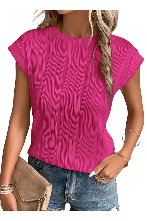 Tops for Womens Short Sleeve Summer Crewneck Textured Knit T Shirts Casual Loose Solid Basic T-Shirts Tee Blouses Pink