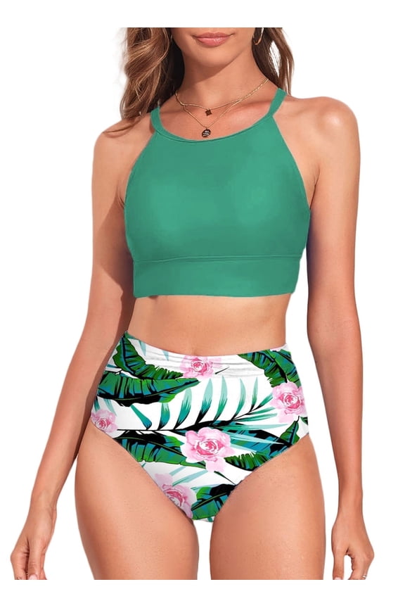 Two-Piece High Neck Tropical Leaf Print, Swimsuit (Women's)