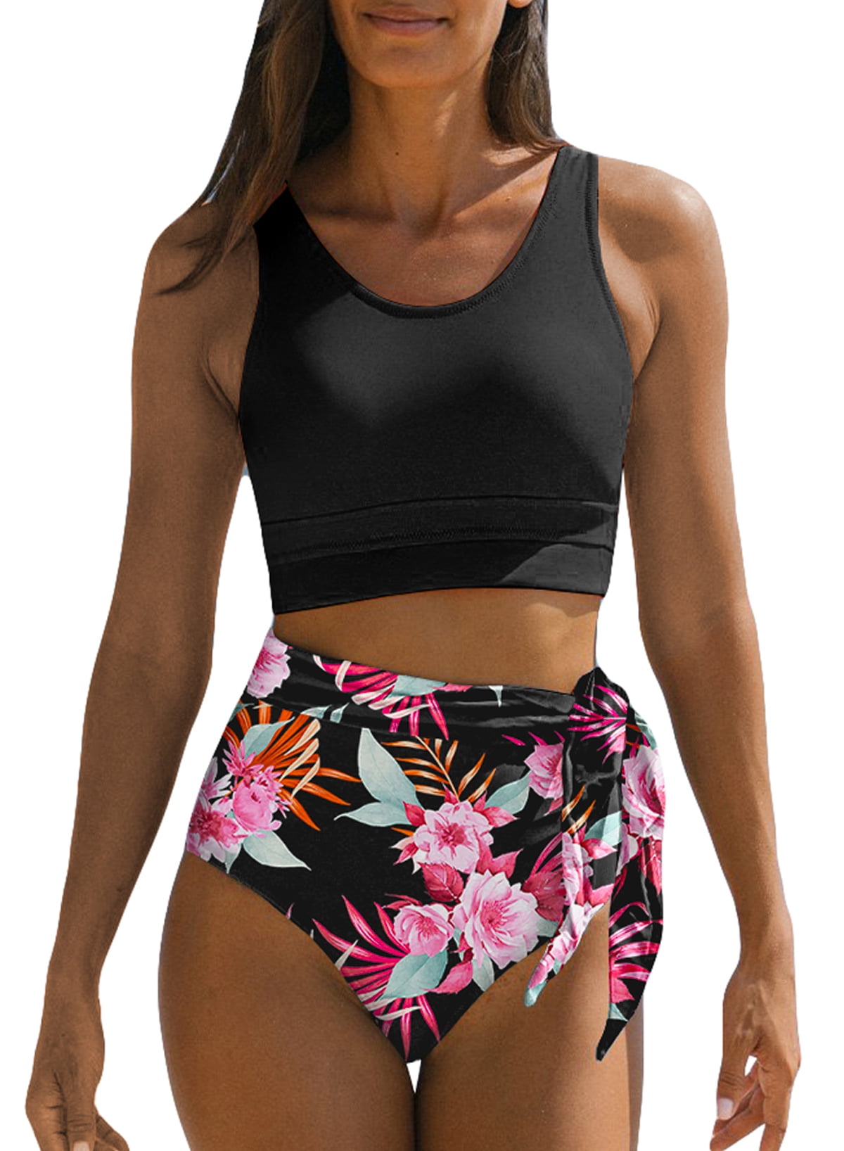 SHEWIN Women Bikini Sets Two Piece Swimsuits Floral Print Bathing Suits High Waisted Bikini Swimwear Racerback Tops with Bottom