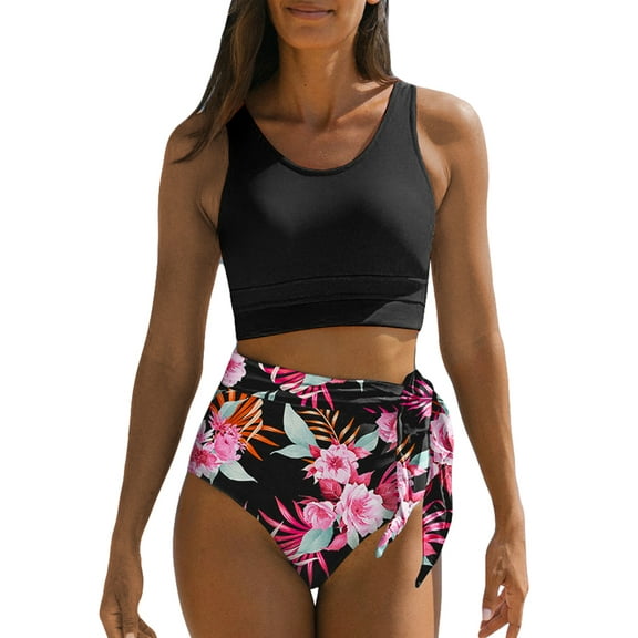 SHEWIN Women Bikini Sets Two Piece Swimsuits Floral Print Bathing Suits High Waisted Bikini Swimwear Racerback Tops with Bottom
