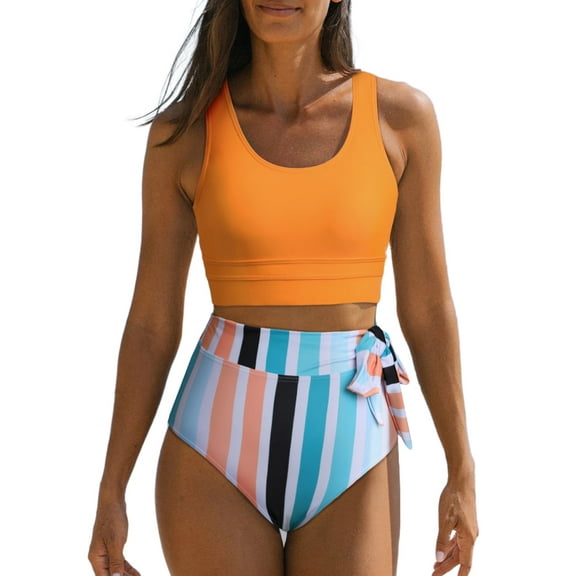 SHEWIN Women Bikini Sets Two Piece Swimsuits Floral Print Bathing Suits High Waisted Bikini Swimwear Racerback Tops with Bottom