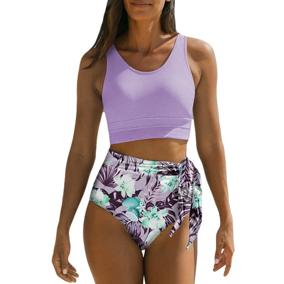 SHEWIN Women Bikini Sets Two Piece Swimsuits Floral Print Bathing Suits High Waisted Bikini Swimwear Racerback Tops with Bottom