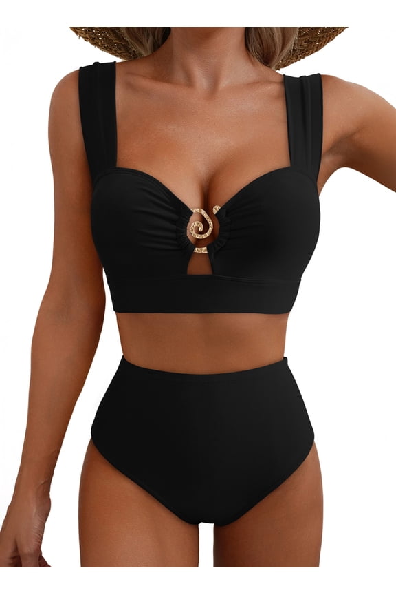 Women Swimsuits Bikinis Sets Bathing Suits 2 Piece Sets High Waisted Bikini Swimming Suits Cut Out Vacation Outfits Black S