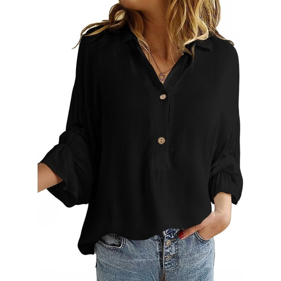 SHEWIN Women Linen Tops V Neck Blouses Button Down Shirts for Women Lapel Business Linen Shirts Trendy Tops Long Sleeve Fall Linen Flowing Blouse