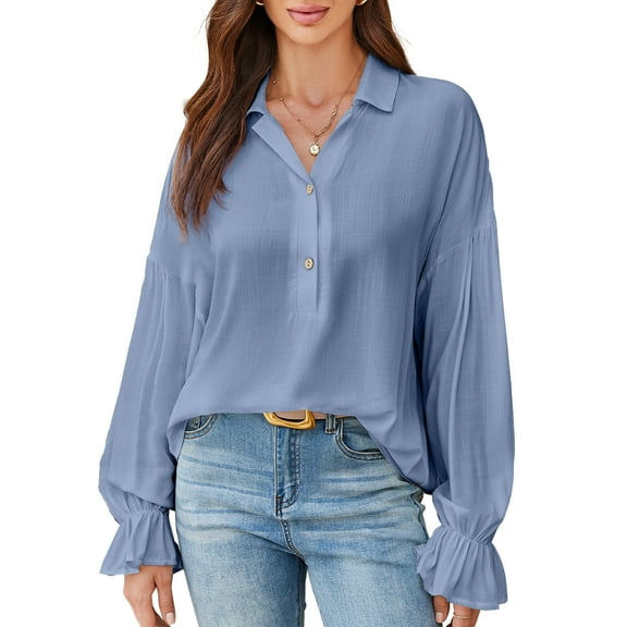 SHEWIN Women Blouses V Neck Button Down Shirts for Women Lapel Business Linen Shirts Trendy Tops Long Sleeve Fall Blouses Henley Shirts 2025 Fall Outfits