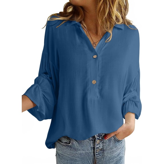 SHEWIN Women Linen Tops V Neck Blouses Button Down Shirts for Women Lapel Business Linen Shirts Trendy Tops Long Sleeve Fall Linen Flowing Blouse