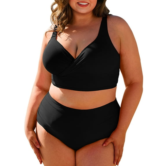 SHEWIN Women Plus Size Bikini Sets Two Piece Tummy Control Swimsuits V Neck Color Block High Waisted Bathing Suits Black 3X