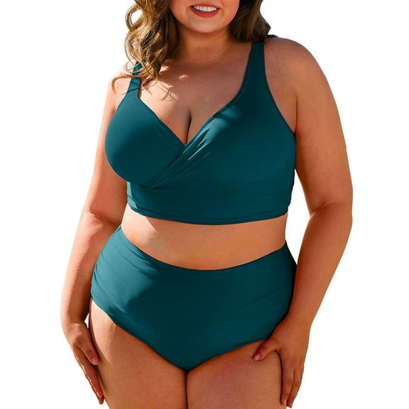SHEWIN Women Plus Size Bikini Sets Two Piece Tummy Control Swimsuits V Neck Color Block High Waisted Bathing Suits Blackish Green 3X