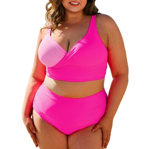 SHEWIN Women Plus Size Bikini Sets Two Piece Tummy Control Swimsuits V Neck Color Block High Waisted Bathing Suits Bright Pink 3X
