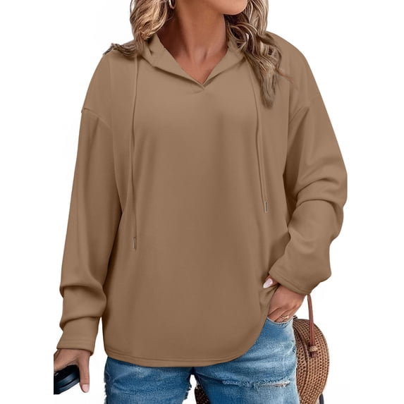 SHEWIN Sweatshirt Hoodies for Women Plus Size Hooded Light Fleece V Neck Drawstring Long Sleeve Hoodie Pullover Tops for Fall 2026 Brown 2X