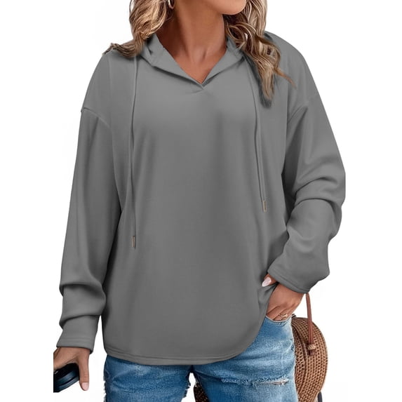 SHEWIN Sweatshirt Hoodies for Women Plus Size Hooded Light Fleece V Neck Drawstring Long Sleeve Hoodie Pullover Tops for Fall 2026 Gray 3X