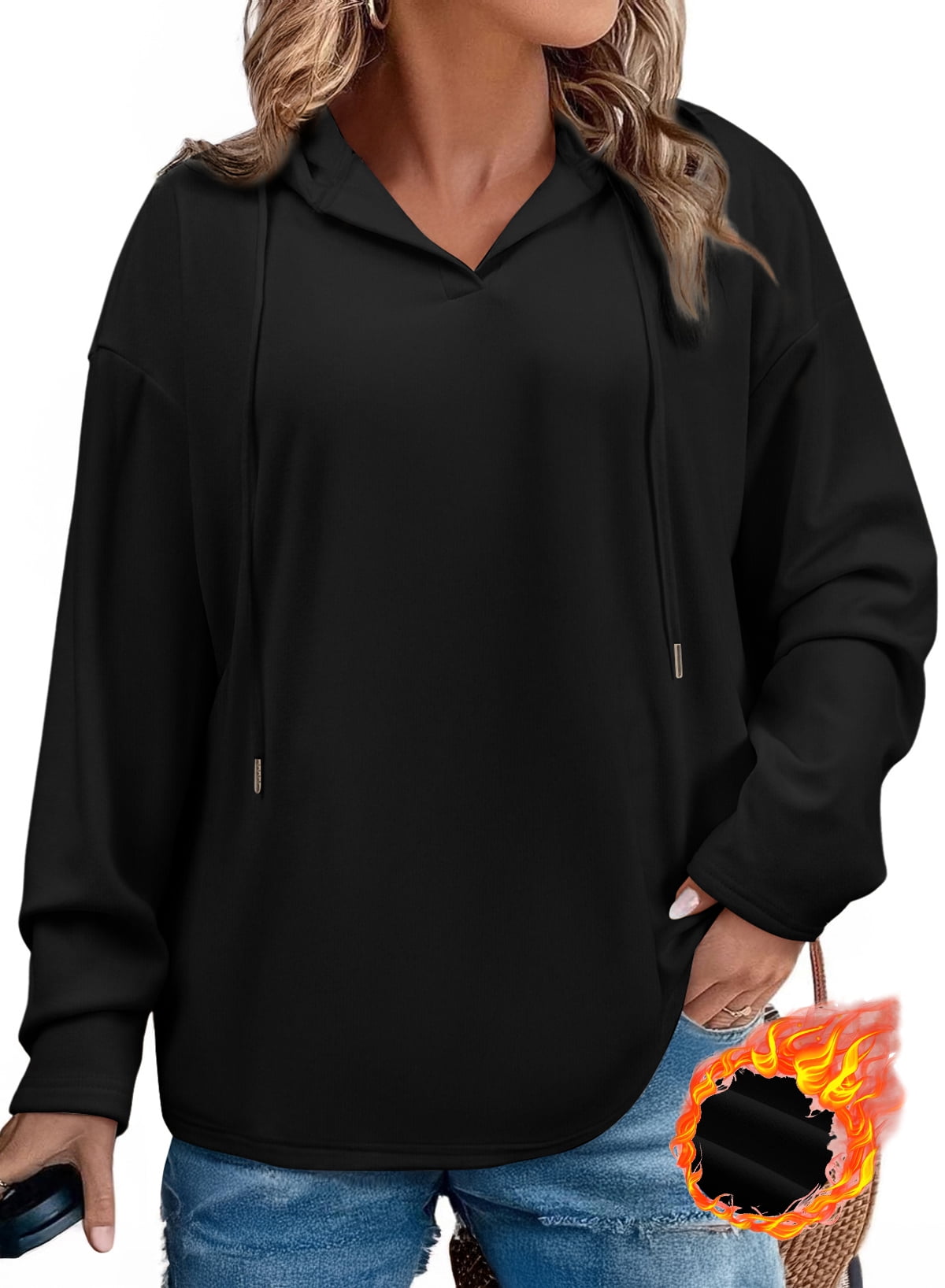 SHEWIN Sweatshirt for Women Plus Size Hooded Sweatshirts Fleece Sweatshirt V Neck Drawstring Long Sleeve Hoodie Pullover Tops for Fall 2025 Black 3X