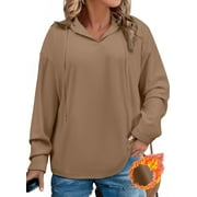 SHEWIN Sweatshirt for Women Plus Size Hooded Sweatshirts Fleece Sweatshirt V Neck Drawstring Long Sleeve Hoodie Pullover Tops for Fall 2025 Brown 2X