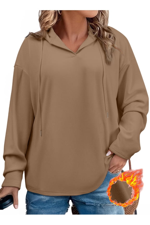 Sweatshirt for Women Plus Size Hooded Sweatshirts Fleece Sweatshirt V Neck Drawstring Long Sleeve Hoodie Pullover Tops for Fall 2025 Brown 2X