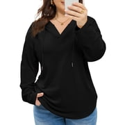 Plus Size Hoodie for Women Sweatshirt V Neck Long Sleeve Fleece Curved Hem Pullover Tops Black 3X