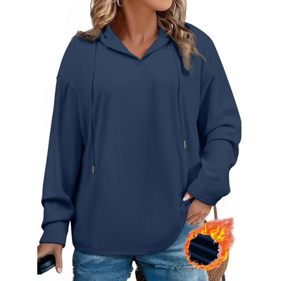 SHEWIN Sweatshirt for Women Plus Size Hooded Sweatshirts Fleece Sweatshirt V Neck Drawstring Long Sleeve Hoodie Pullover Tops for Fall 2025 Dark Blue 4X