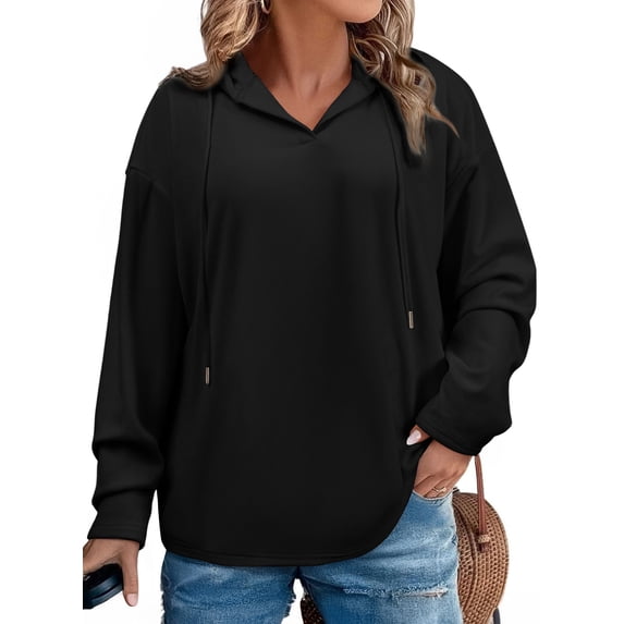 SHEWIN Sweatshirt Hoodies for Women Plus Size Hooded Light Fleece V Neck Drawstring Long Sleeve Hoodie Pullover Tops for Fall 2026 Black 3X