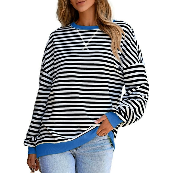 SHEWIN Women Plus Size Striped Pullover Casual Soft Sweatshirts for Cricket Volleyball Black White 4X