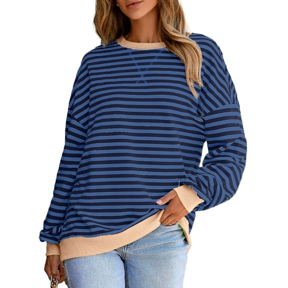 SHEWIN Women Plus Size Striped Pullover Casual Soft Sweatshirts for Cricket Volleyball Dark Blue 4X
