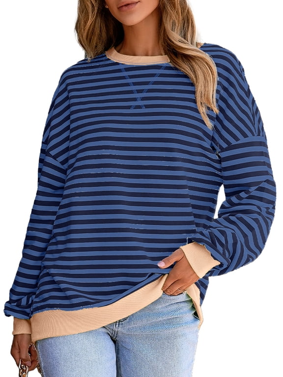 Women Plus Size Striped Pullover Casual Soft Sweatshirts for Cricket Volleyball Dark Blue 4X