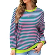 SHEWIN Women Plus Size Striped Pullover Casual Soft Sweatshirts for Cricket Volleyball Pink Green 4X