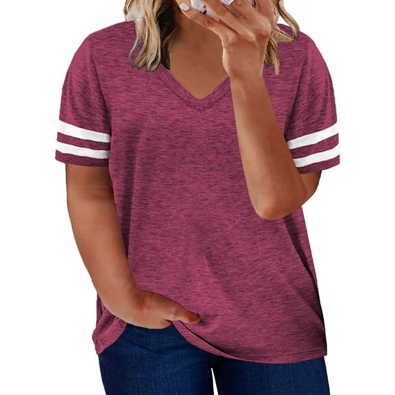 SHEWIN Women Plus Size T-Shirt V Neck T-Shirts Stripe Short Sleeve Oversized Blouse Rose 3XL