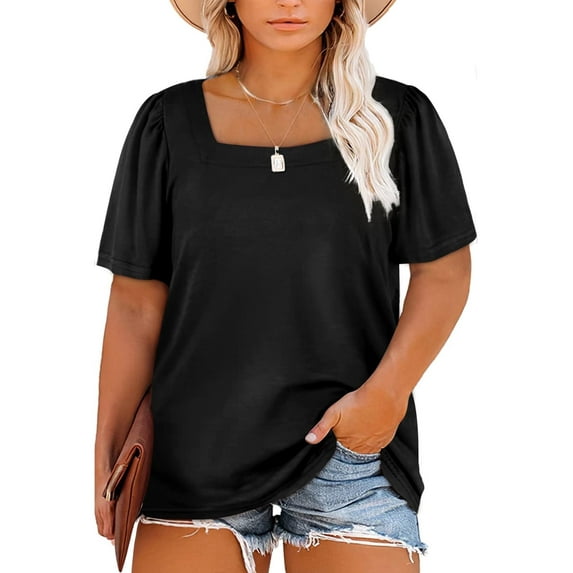 SHEWIN Womens Plus Size Tops Tee Shirts Loose Fit Square Neck Blouse Top for 2025 Summer Black 3X