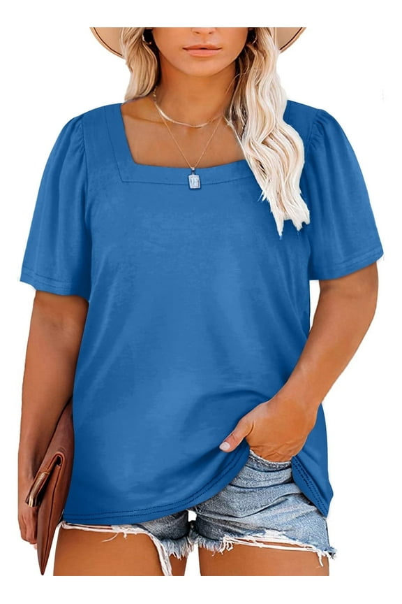 Womens Plus Size Tops Tee Shirts Loose Fit Square Neck Blouse Top for 2025 Summer Blue 3X