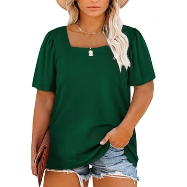 SHEWIN Womens Plus Size Tops Tee Shirts Loose Fit Square Neck Blouse Tops for Summer Green 3XL