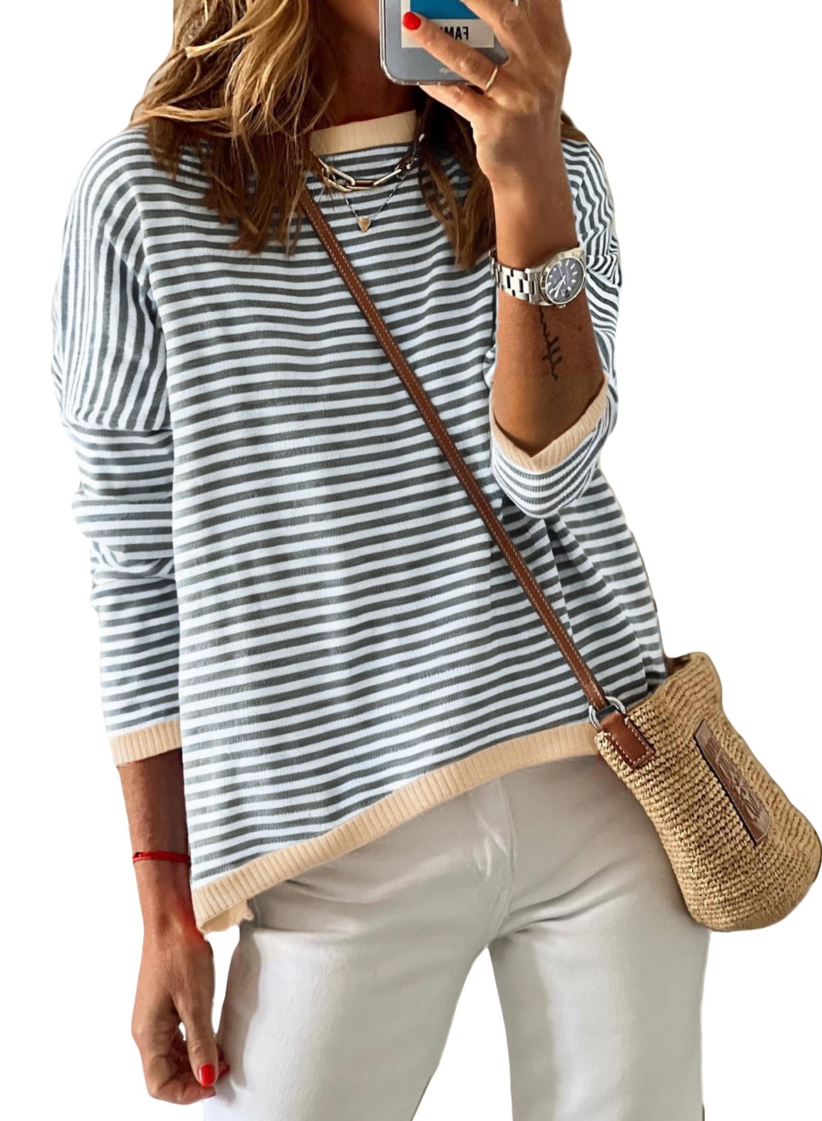 SHEWIN Women Pullover Sweaters Autumn Winter Colorblock Round Neck ...