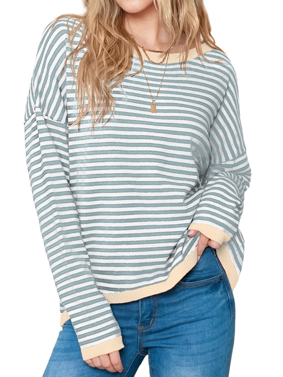 Womens Cotton Sweater Stripe Thin Knit Pullover Tops Lightweight Long Sleeve Shirts Teal S