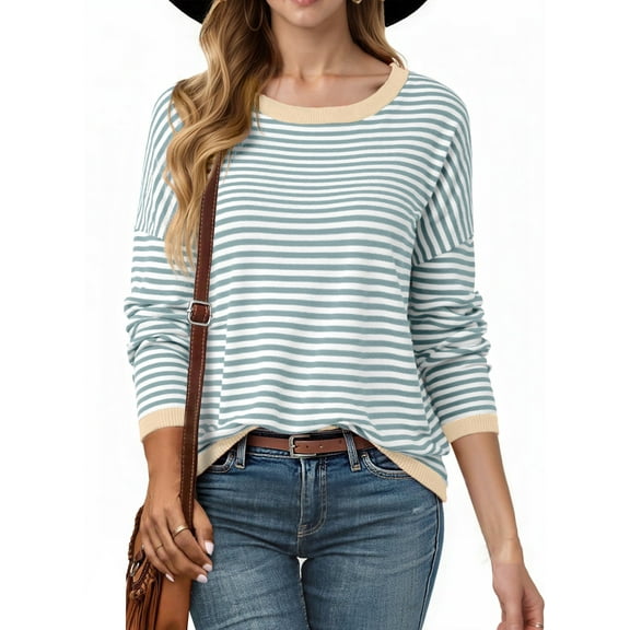 SHEWIN Women Sweater Stripe Knit Pullover Tops Holiday Jumper Crewneck Sweaters Long Sleeve Casual Knitted Fall Tops
