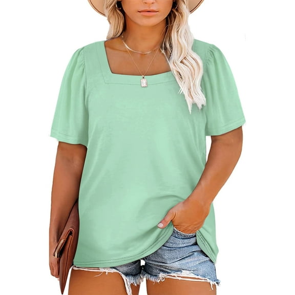SHEWIN Women Tshirts Plus Size Summer Tops for Women Spring Puff Sleeve T-Shirts Oversized Summer Blouse Tops Sky Blue 5X