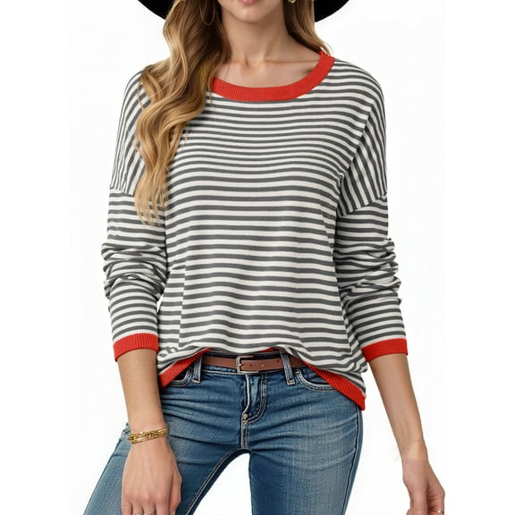 SHEWIN Women's 2025 Fall Sweaters Fashion Crewneck Long Sleeve Striped Ribbed Knit Loose Pullover Sweater Tops L