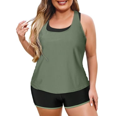 SHEWIN Women's Bathing Suits Tankinis Set Athletic 3 Piece Swimsuits Summer Beachwear Green M