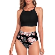 SHEWIN Women's Bikini Set High Waist Swimsuit High Neck Tropical Leaf Print Bathing Suit, Two-Piece, (Sizes S-XXL)