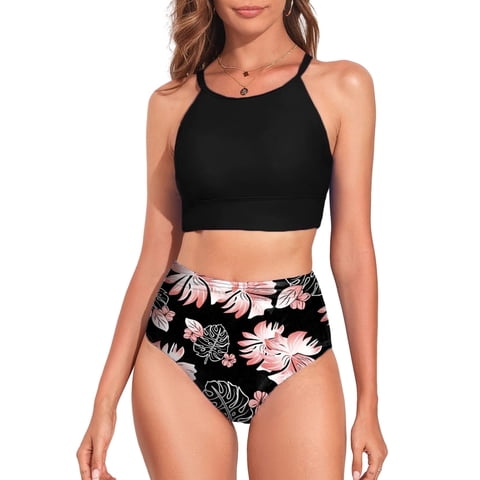SHEWIN Women's Bikini Set High Waist Swimsuit High Neck Tropical Leaf Print Bathing Suit, Two-Piece, (Sizes S-XXL)