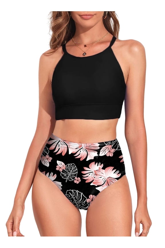 Women's Bikini Set High Waist Swimsuit High Neck Tropical Leaf Print Bathing Suit, Two-Piece, (Sizes S-XXL)