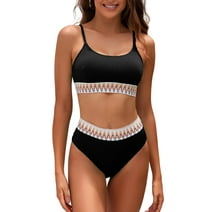 SHEWIN Women's Bikini Sets 2 Piece Swimsuit Color block Ribbed High Waisted Bathing Suit Scoop Neck Adjustable Spaghetti Straps Swimwear