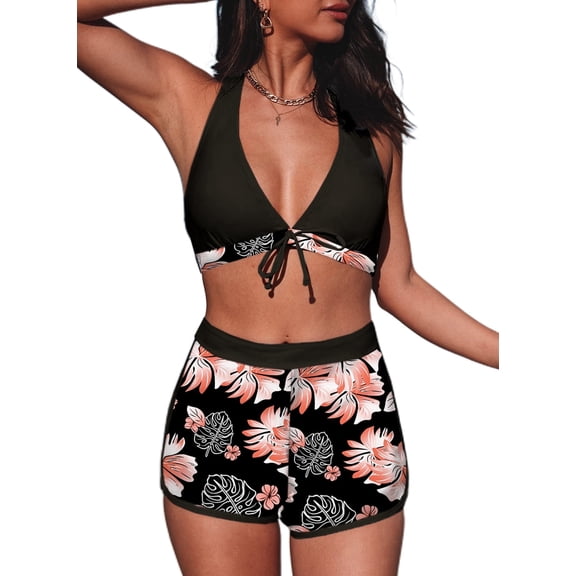 SHEWIN Women's Bikini Sets 2 Piece Swimsuit Summer Tropical Print Beachwear Halter Bathing Suit Black S