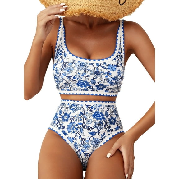 SHEWIN Women's Bikini Sets Floral Print Whip Stitch 2 Piece Swimsuits High Waisted Scoop Bathing Suits